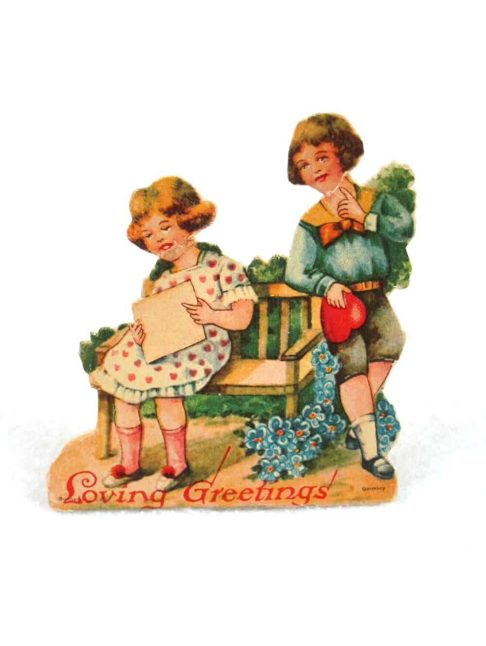 Vintage Valentine Die Cut Stand Up Boy & Girl on Bench Heart 1920s-30s Germany